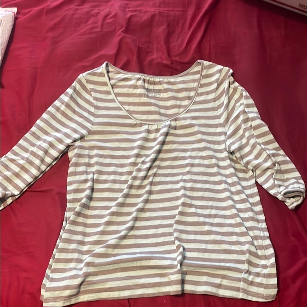 Sonoma Lifestyle White and Cream 3/4 Sleeve Relaxed Blouse